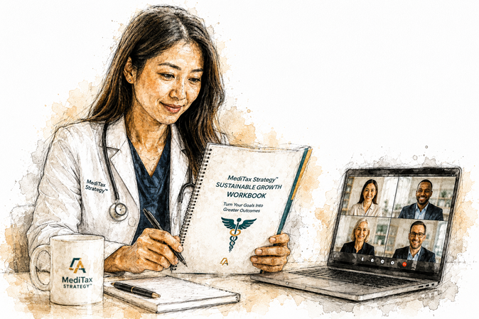 Physician working through the MediTax Strategy Sustainable Growth Workbook on a video call