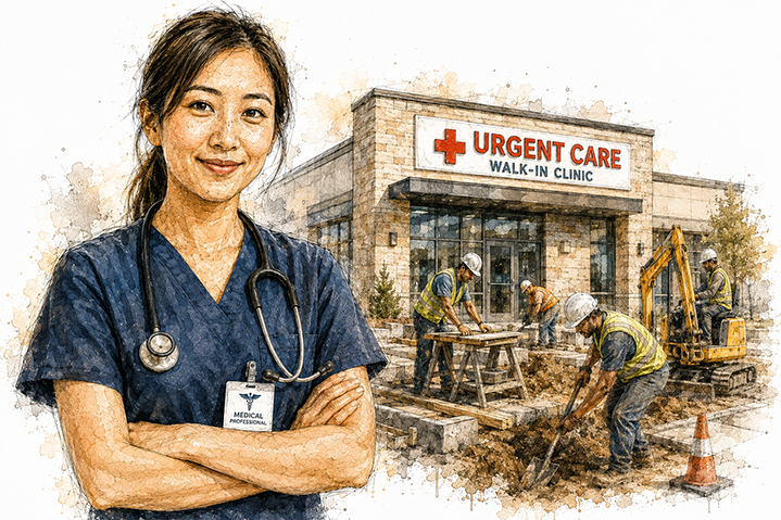 Medical professional in front of an urgent care clinic under construction